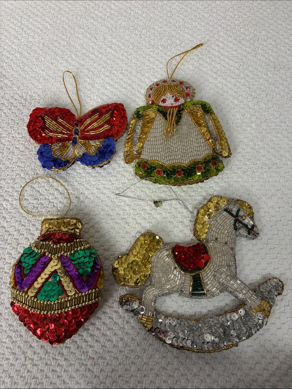 Vintage Handmade Beaded Sequin Christmas Holiday Ornament Set of 4 Kitsch Retro